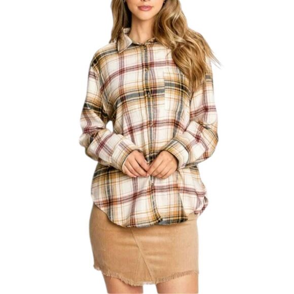LOVE TREE CREAM & BROWN FLANNEL BLOUSE SZ.S EUC. - Picture 2 of 11